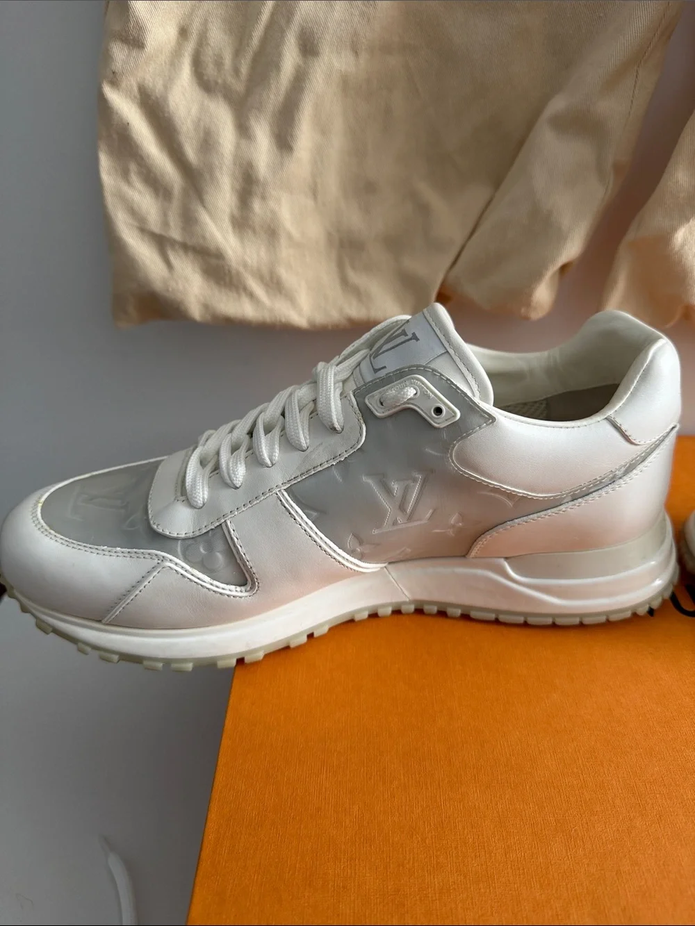 Louis Vuitton Men’s White and Light Gray LV Run Away Sneakers LV women’s 9